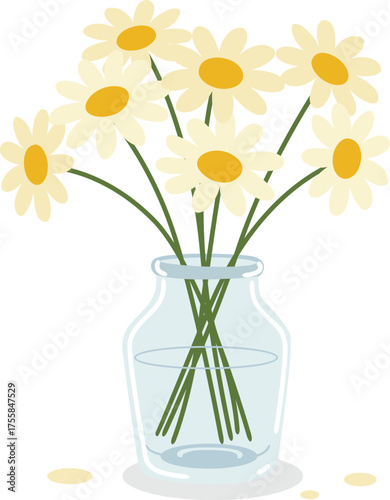 A clear glass vase filled with water holds a bouquet of white and yellow daisy flowers with green stems.
