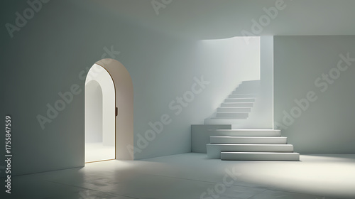 An architectural image of a bright space with an open door and stairs. The scene is illuminated by natural light
