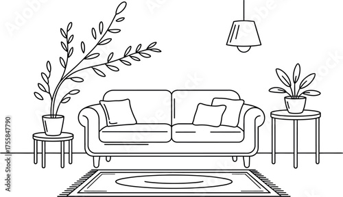 Vector art of line art of living room interior with sofa, plants and rug