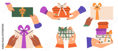 set of hands gives xmas gift boxes to another hands. Christmas present decorated with bow. shares presents. Festive Vector illustration