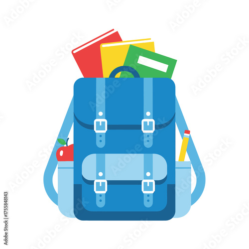 Blue backpack filled with school supplies and books.