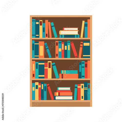 A wooden bookshelf filled with colorful books in a library setting.