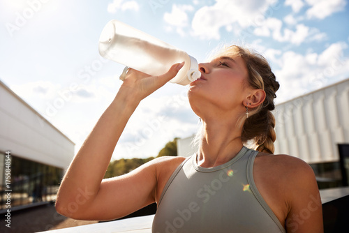 Athletic woman hydrating after workout outdoors on a sunny day in sportswear