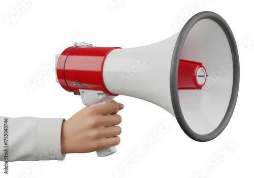 Hand holding red and white megaphone announcing important news or information isolated on transparent background