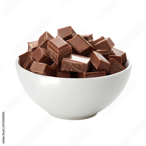 Delicious milk chocolate pieces in white bowl isolated on transparent background