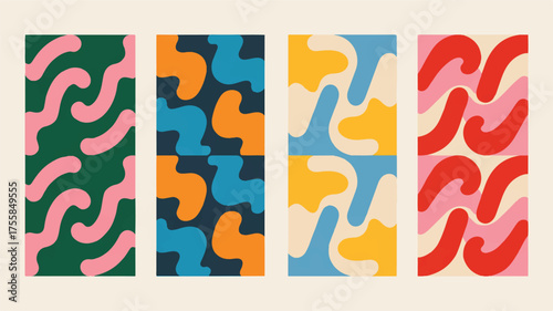 Four Abstract Organic Shapes In Bright Colors On Pastel Backgrounds colorful