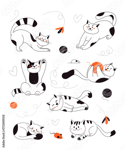 Cats playing with toys and ball of yarn, sleeping, stretching, sitting, lying, relaxing. Cute purebred kittens in different poses