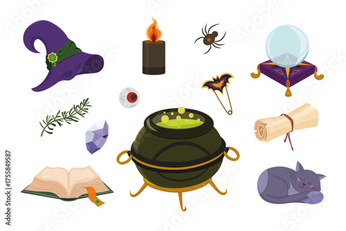 Halloween set. Witch cauldron with green potion, magic crystal ball and spellbook, wizard hat, black cat, creepy eye, black candle, ancient scroll