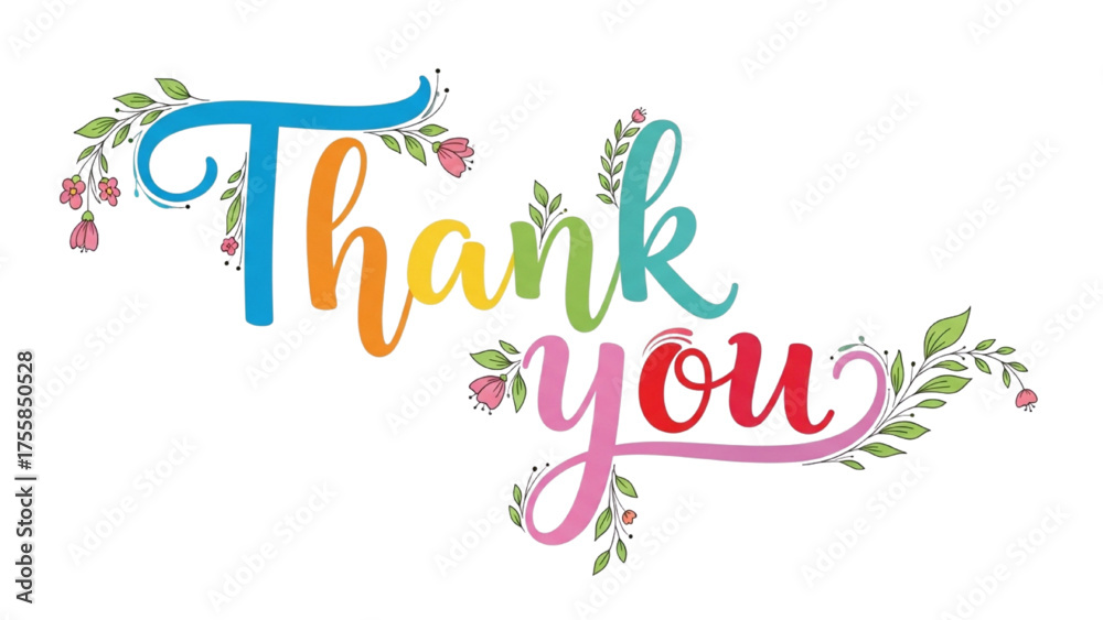 Obraz premium Colorful and heartfelt 'Thank You' message with elegant floral embellishments, expressing gratitude and appreciation for special occasions