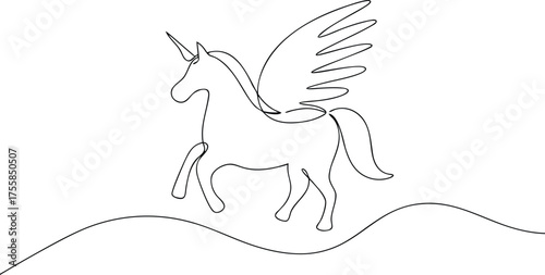 Single line drawing of a winged unicorn on a wavy ground