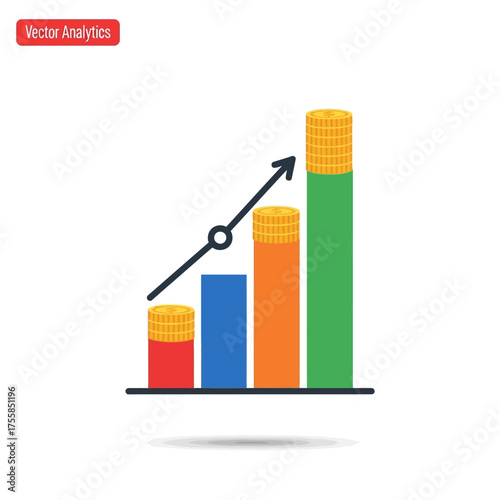 Vector icon of a financial growth bar chart with stacks of coins representing business profit and successful investment return
