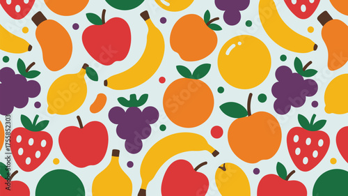 A colorful pattern featuring various fruits such as bananas apples oranges grapes and strawberries scattered about