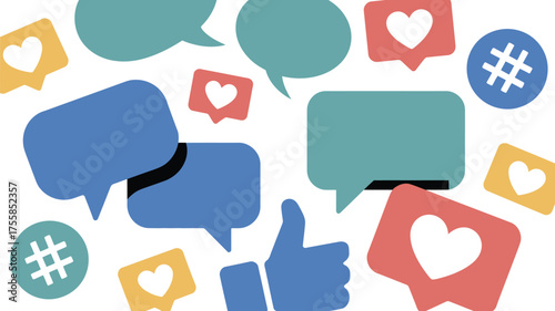 A collection of social media icons including speech bubbles hearts likes and hashtags on white background