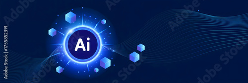 Abstract visualization of artificial intelligence, featuring interconnected blue hexagonal nodes and the 'Ai' insignia. Tech web banner