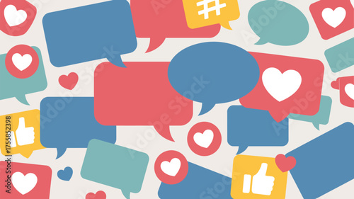 A colorful background featuring various speech bubbles likes hearts and a hashtag symbol scattered randomly