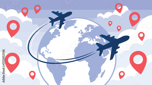 Illustration of two airplanes flying around the world with location pins and clouds in the background