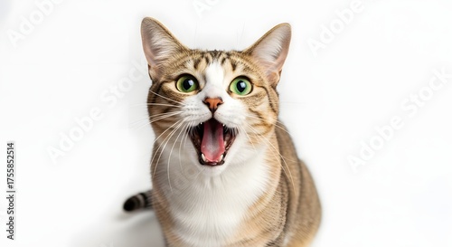 Expressive Tabby Cat with Open Mouth and Green Eyes on White Background