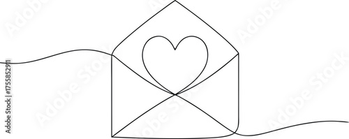 Black line art open envelope with heart inside love