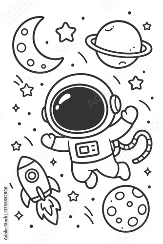 Seamless vector pattern illustration set of Space astronaut doodle coloring design element