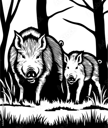 Wild Boar Family Silhouette