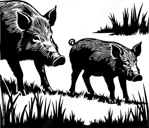 Wild Boar Family Silhouette