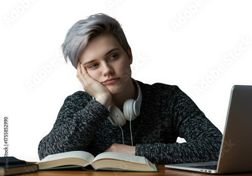 Young woman looking bored while studying with a book and laptop isolated on transparent background