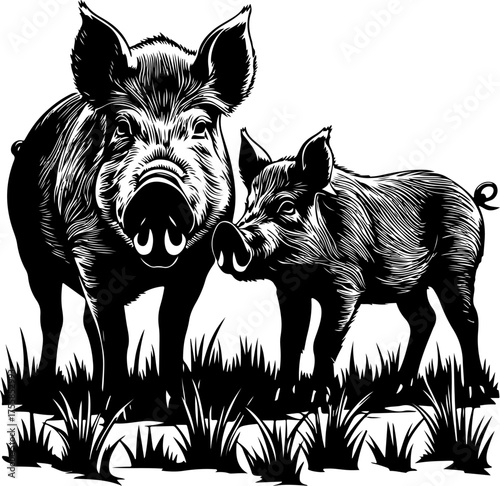 Wild Boar Family Silhouette