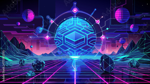 Cyberpunk landscape with neon grid and futuristic tech digital artwork | editable svg