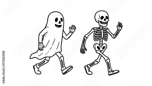 Ghost and skeleton walking together. Halloween concept for spooky designs, seasonal content, horror themes, party invitations, and festive decorations.