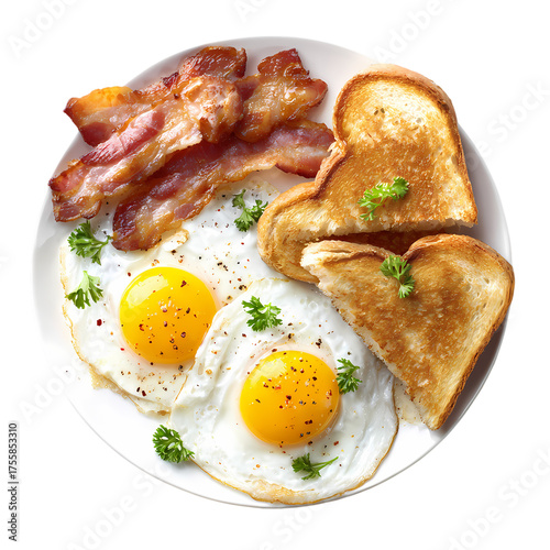 Delicious fried eggs with crispy bacon isolated on transparent background