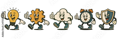 Vintage cartoon mascots representing business ideas technology time and security with cheerful walking characters