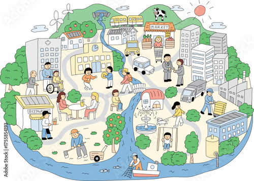 まちづくりのイラスト／自然と共に生きる持続可能な社会