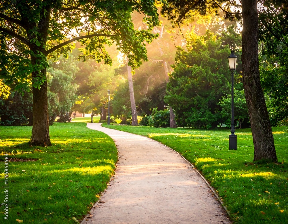 Obraz premium Serene park scene with a winding path, sunlight filtering through trees and illuminating the grass