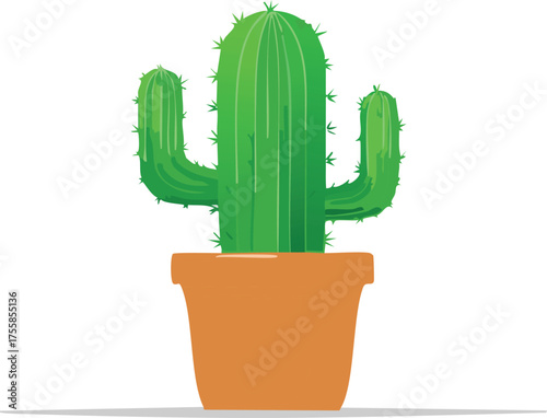 Green cactus with sharp spines in an orange pot plant succulent