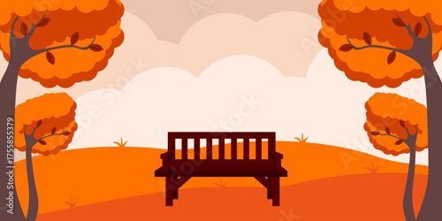 Autumn background. Vector illustration of minimal Autumn banner with Autumnal tree empty wooden bench and empty space for text. Perfect template design for Autumnal season Sale banner poster cover.