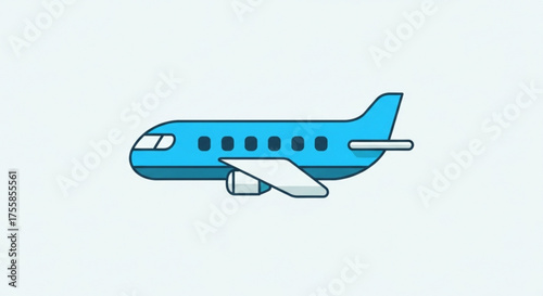 Blue airplane flying on a light blue background, a symbol of travel, tourism, and air transportation