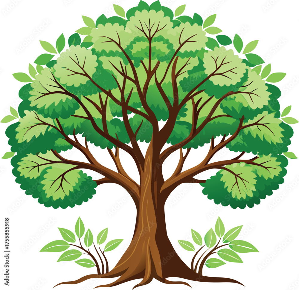 Fototapeta premium Vibrant green tree with lush foliage and strong trunk