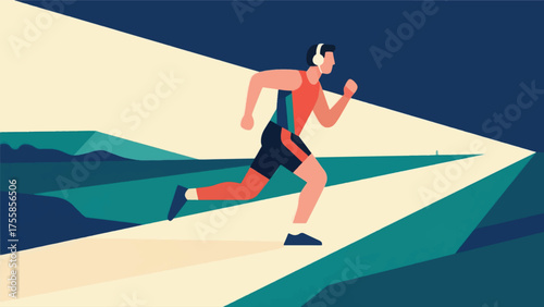 Illustration Of Runner Jogging Along A Scenic Path With Headphones, Showing Dynamic Motion And A Determined Expression Vector Design Template