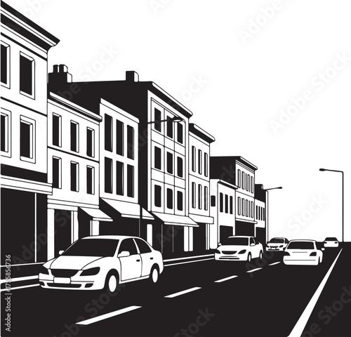 black and white car on city street vector illustration