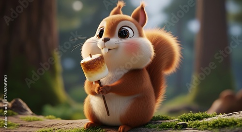 A cute cartoon squirrel with fluffy fur, rosy cheeks, and a toasted marshmallow on a stick.