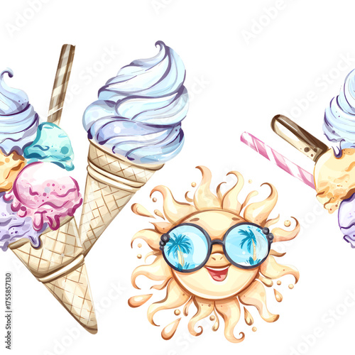 Cheerful summer seamless pattern background wallpaper featuring ice cream cones and a smiling sun ideal for festive occasions and vacation vibes