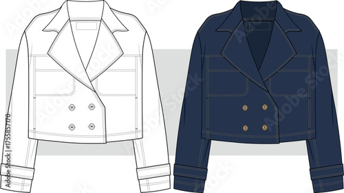 Women Denim Jacket Fashion Drawing, Illustration. Casual Coat Vector. CAD, Mockup.