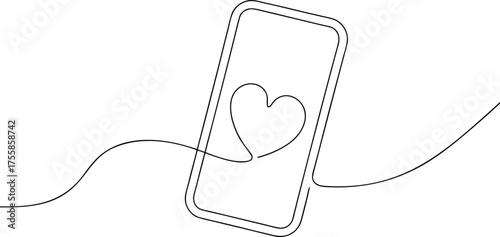 Single line drawing of a smartphone with a heart love