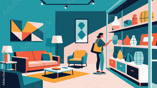 Illustration Of Shopper Looking At Home Decor Items In A Chic Furniture Store, With Stylish Sofas And Lamps Vector Design Template