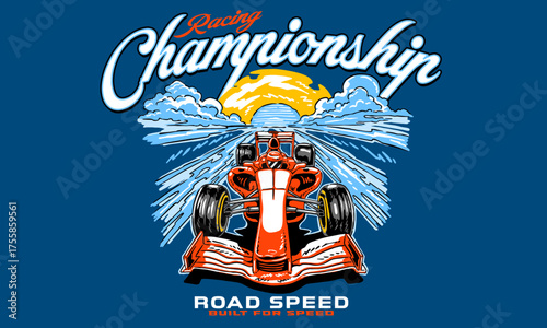 f1 race car at a racing championship. Retro motorsport artwork for a t shirt print or event poster.
