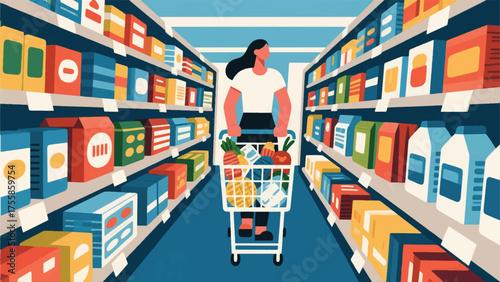 illustration of shopper pushing a cart filled with groceries through a well-stocked supermarket aisle, showing specific product packaging.eps