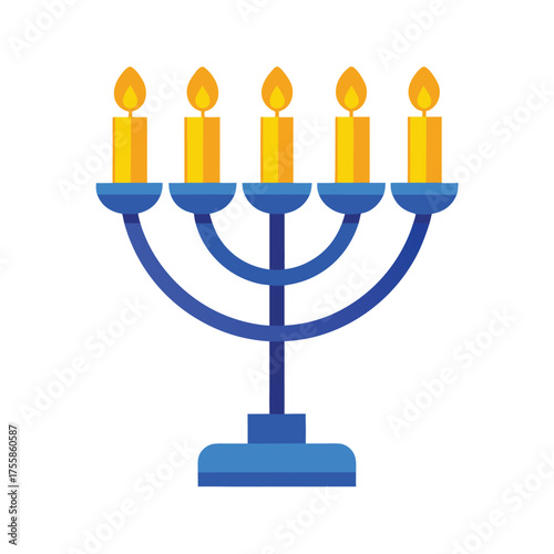Blue and yellow menorah with five lit candles on a white background hanukkah