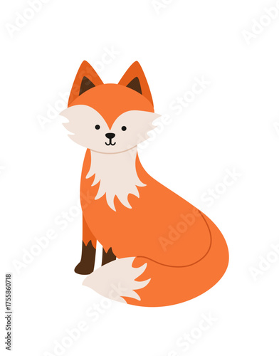 Cute cartoon fox cub is sitting. Vector illustration of a funny forest animal fox. Isolated on a white background.