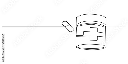 Continuous line drawing of medicine.Isometric single-line drawing of capsules and pills, including painkillers, antibiotics, vitamins, and aspirin in a modern minimal style.