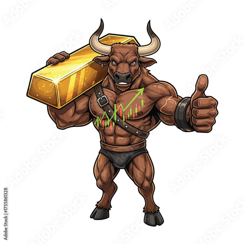 Mighty bull character carries gleaming gold bar with upward stock chart on chest, giving confident thumbs up for financial success